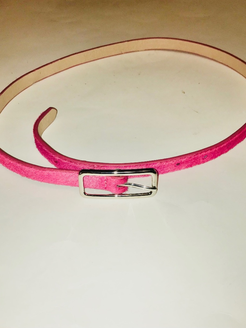 Vintage Y2K Hot Pink Leather Calf Hair Belt Silver Buckle Skinny 1/4" Sz 35 Pop
